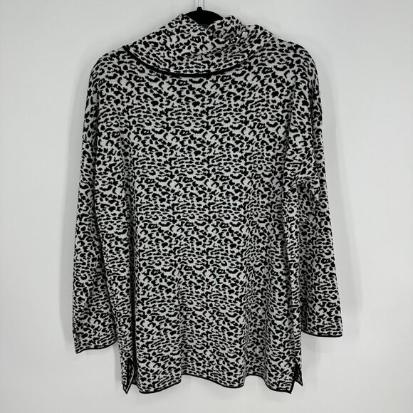 3/$25 Calvin Klein Snow Leopard Print Long Sweater L Cowl Neck Tunic Black White - Picture 2 of 8